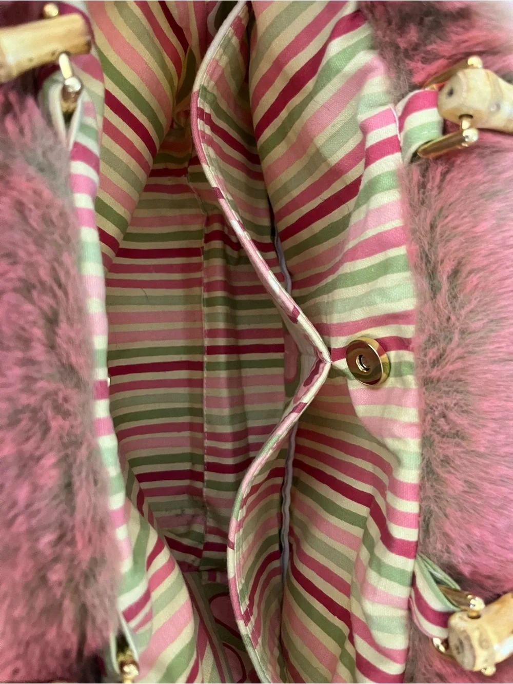 Pink & Green Circle Print Bamboo-Handle Purse with Faux Fur Trim